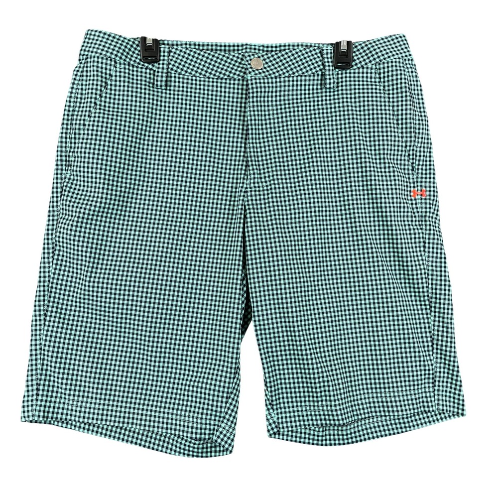 Under Armour Performance Golf Shorts Mens 36 Teal Navy Gingham Zip Pocket